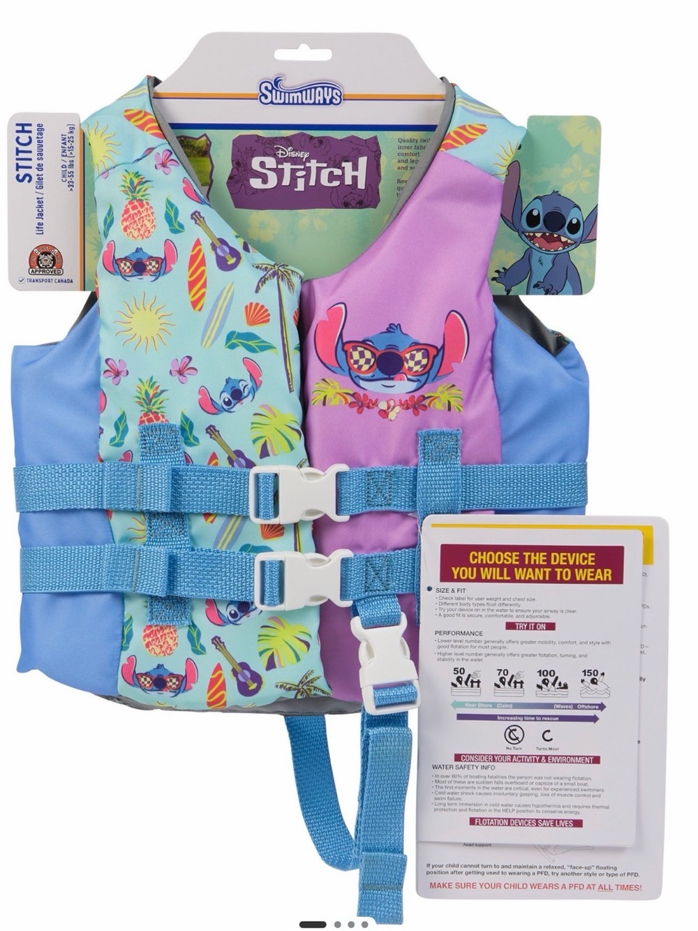 NWT Disney Stitch SwimWays Life Jacket Swim Trainer 33-55 Lbs